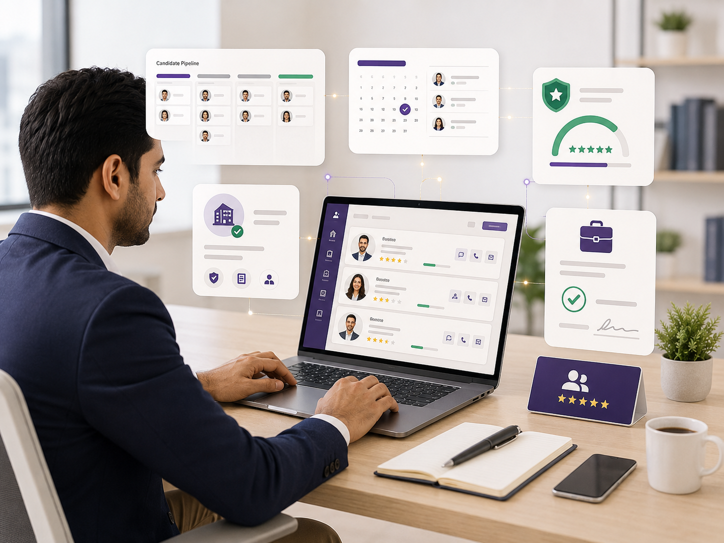 Employer reviewing candidate profiles, interviews, offers and trust information in JobSphere