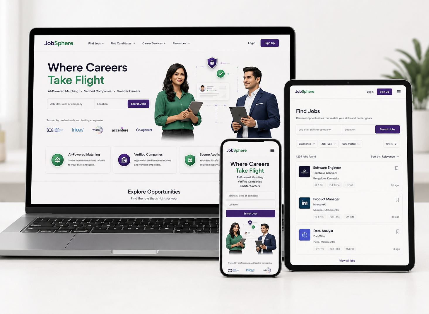 JobSphere website shown responsively on laptop, tablet and mobile browser