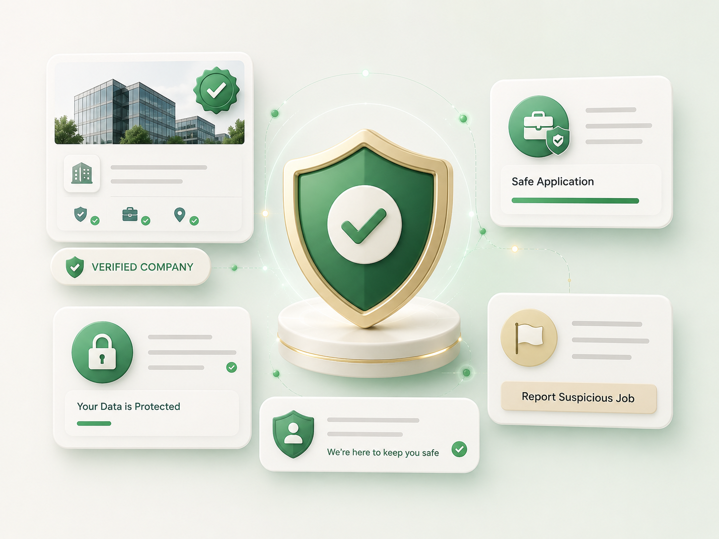 JobSphere trust and safety system with verified company, protected application and reporting indicators